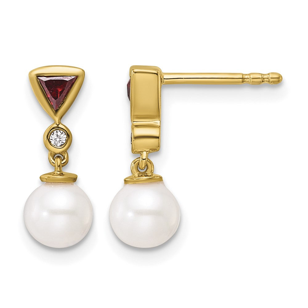 14K Polished Diamond and Ruby Pearl Dangle Post Earrings