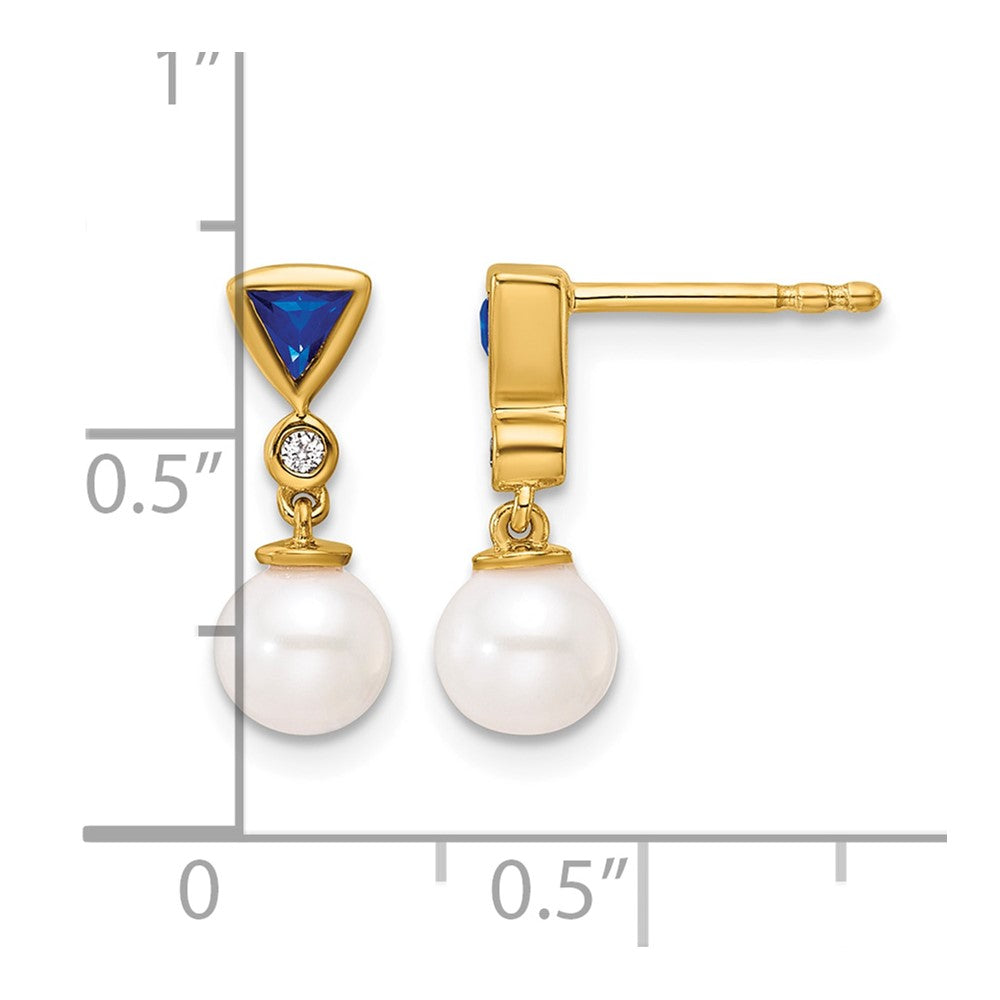 14K Polished Diamond and Sapphire Pearl Dangle Post Earrings