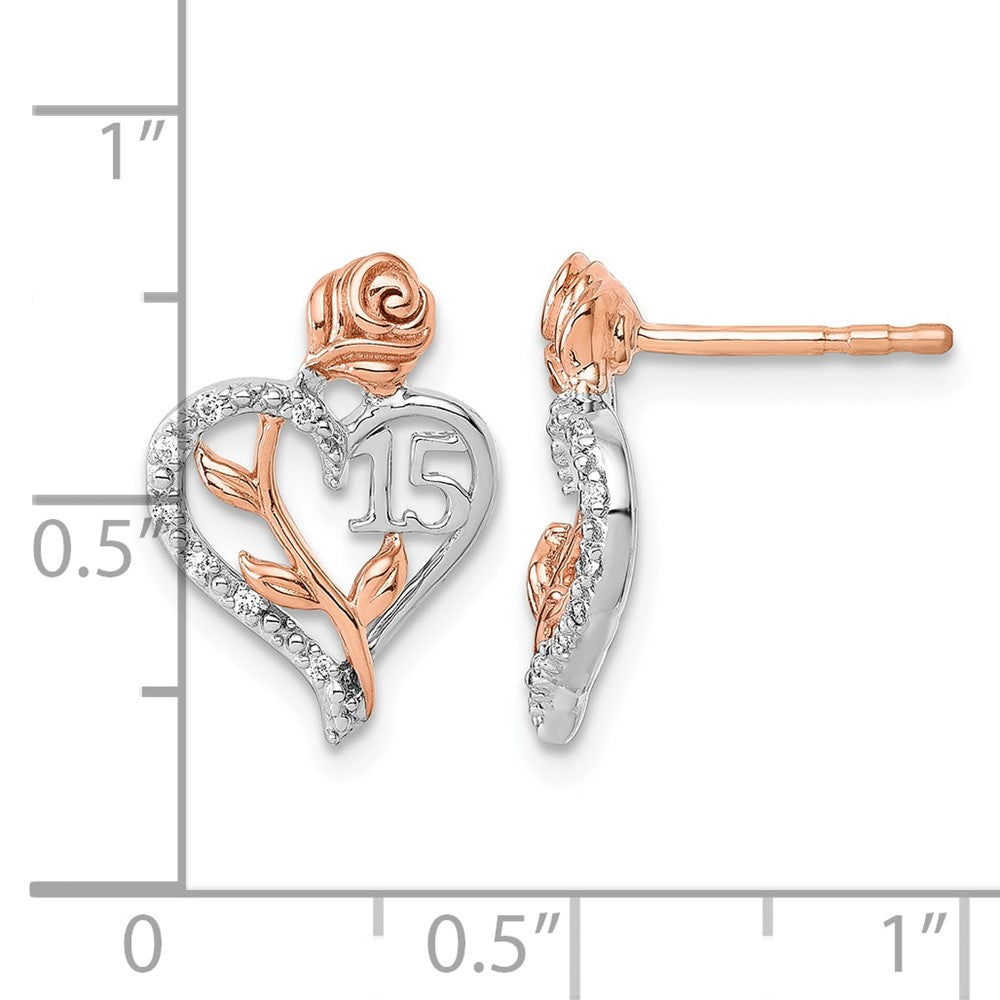 14K White and Rose Gold Diamond Quinceanera Heart Post Earrings