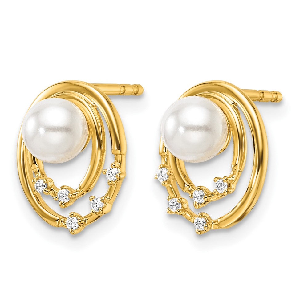 14K Polished Diamond and Pearl Ovals Drop Post Earrings