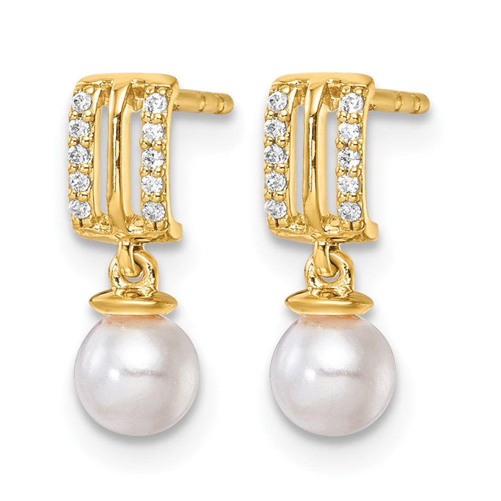 14K Polished Diamond and Pearl Dangle Post Earrings
