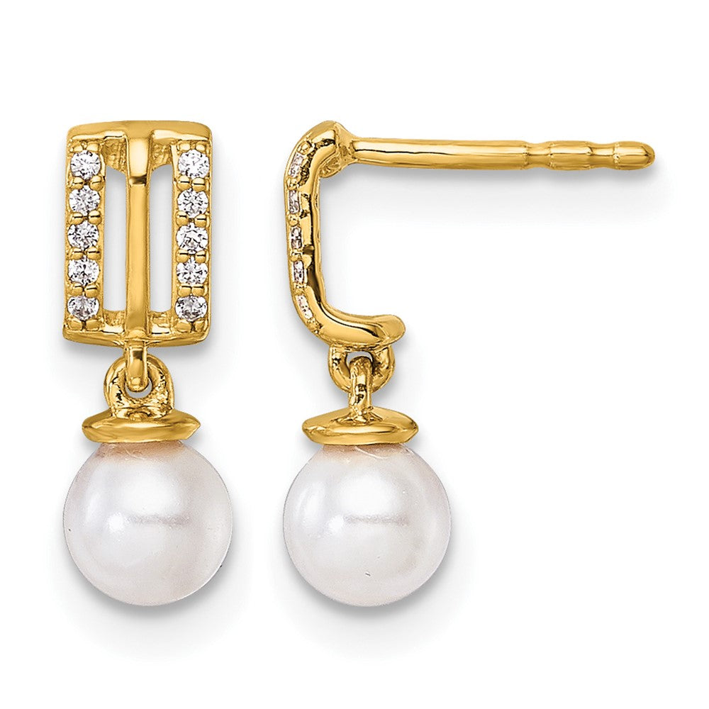 14K Polished Diamond and Pearl Dangle Post Earrings