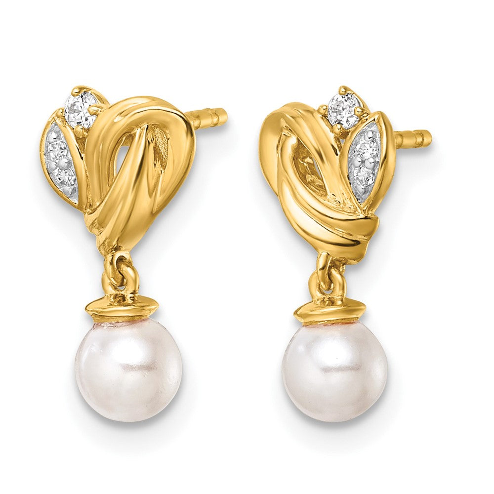 14K Polished Diamond and Pearl Dangle Post Earrings