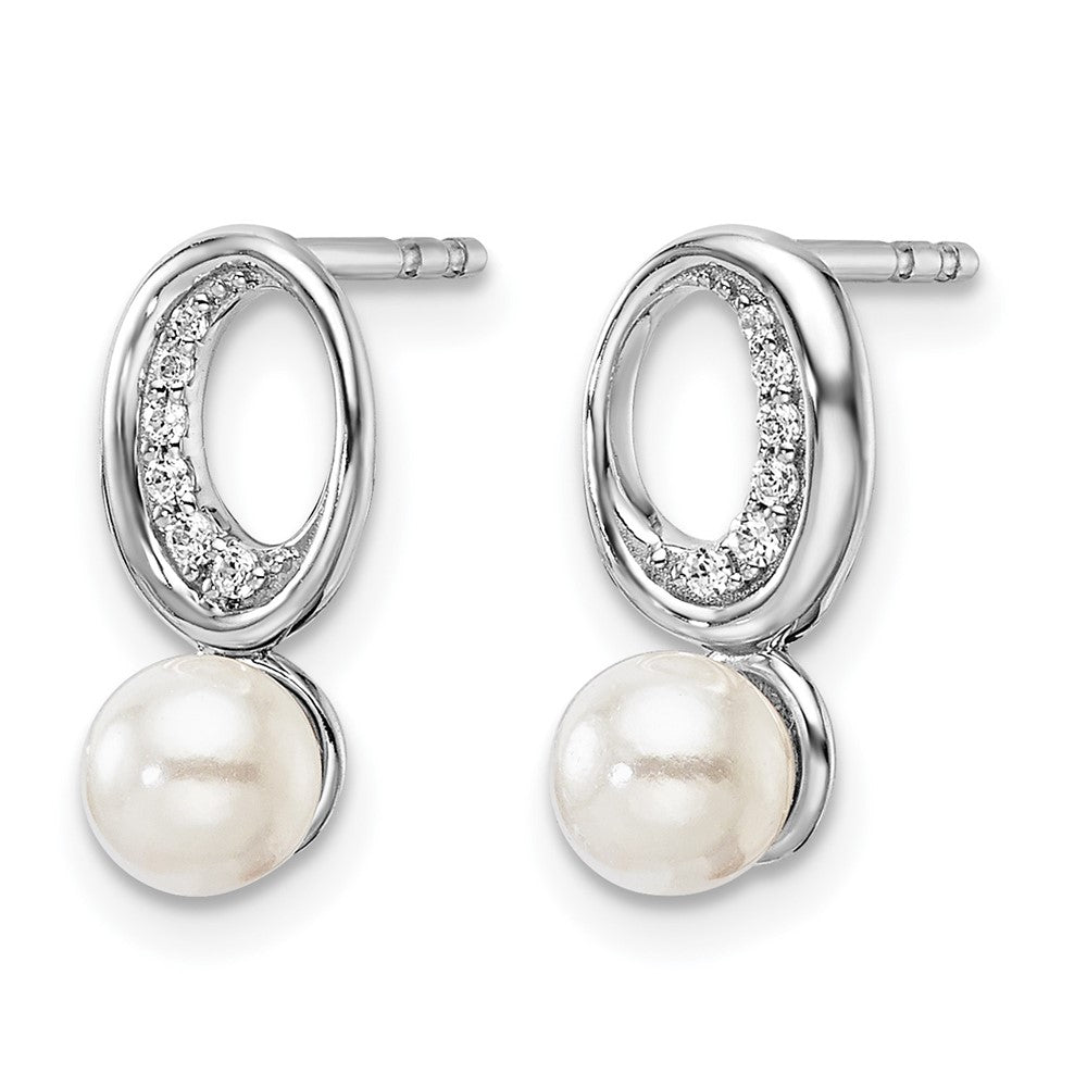 14K White Gold Polished Diamond and Pearl Drop Post Earrings