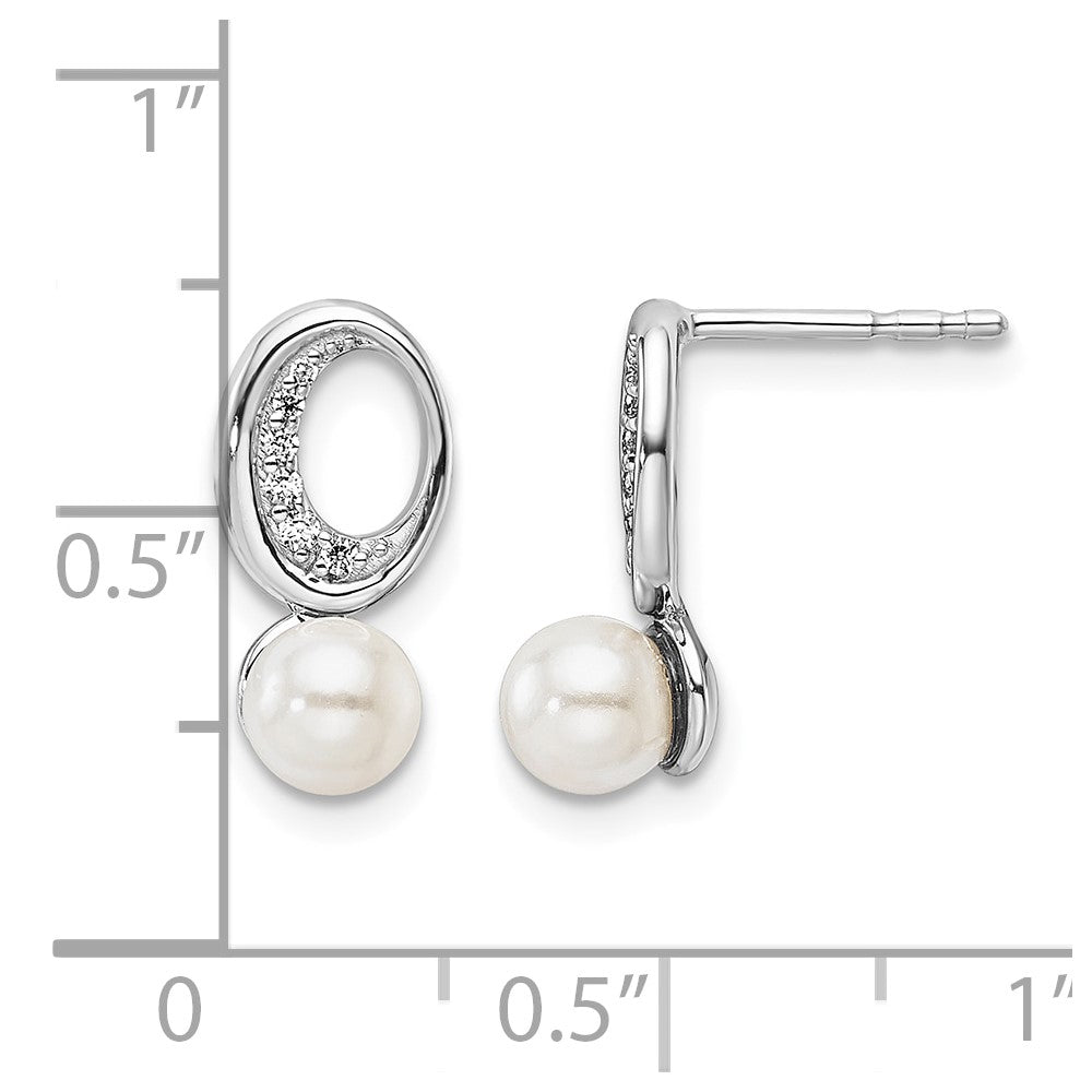14K White Gold Polished Diamond and Pearl Drop Post Earrings