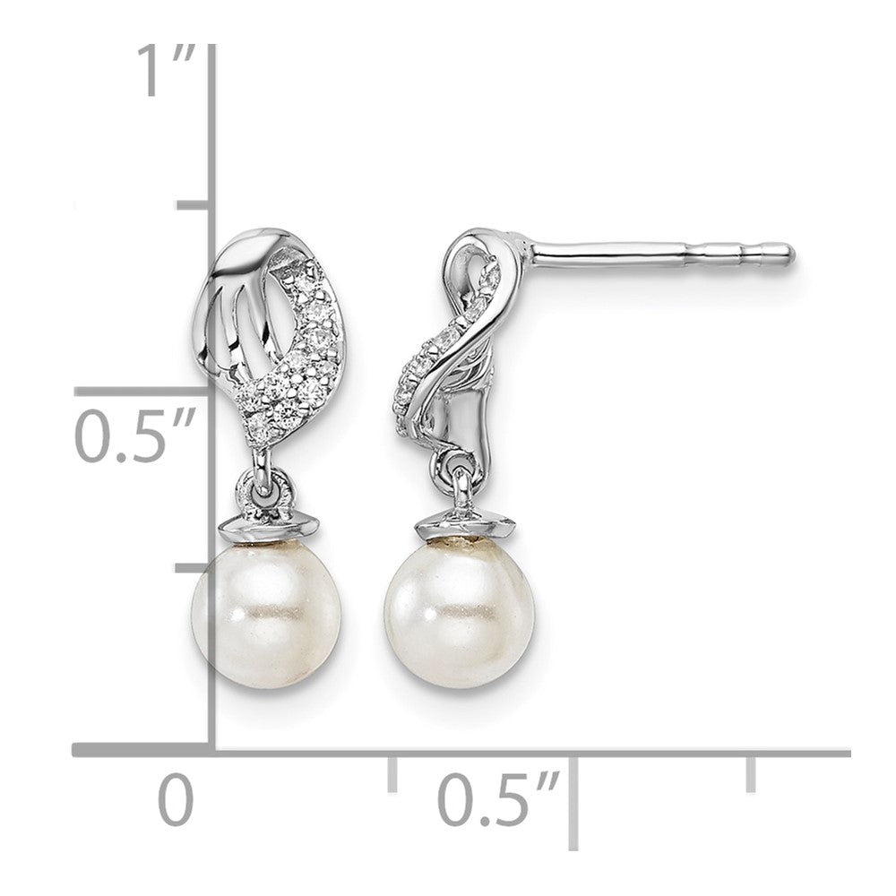 14K White Gold Polished Diamond and Pearl Dangle Post Earrings