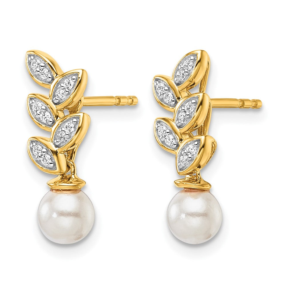 14K Polished Diamond and Pearl Leaf Dangle Post Earrings