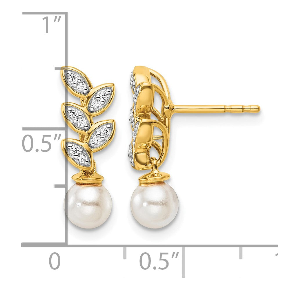 14K Polished Diamond and Pearl Leaf Dangle Post Earrings