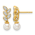 14K Polished Diamond and Pearl Leaf Dangle Post Earrings