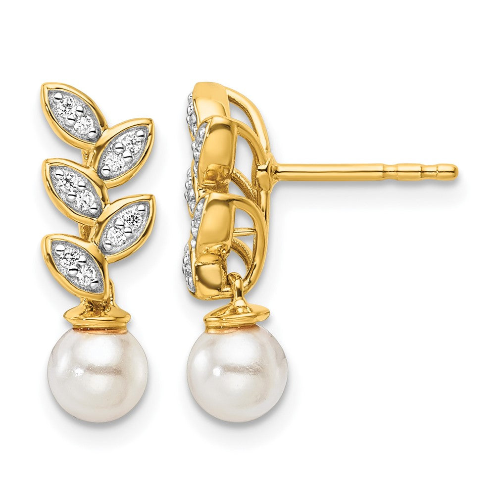 14K Polished Diamond and Pearl Leaf Dangle Post Earrings