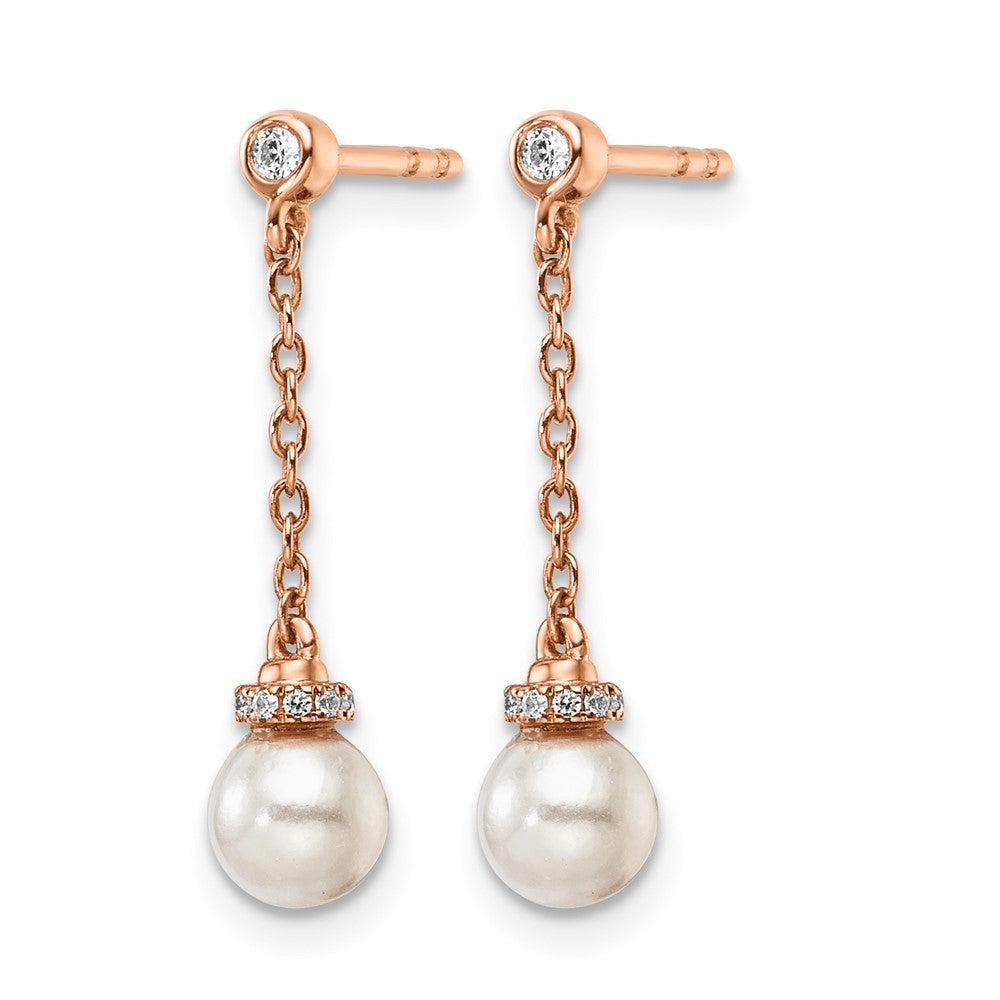 14K Rose Gold Polished Diamond and Pearl Chain Dangle Post Earrings