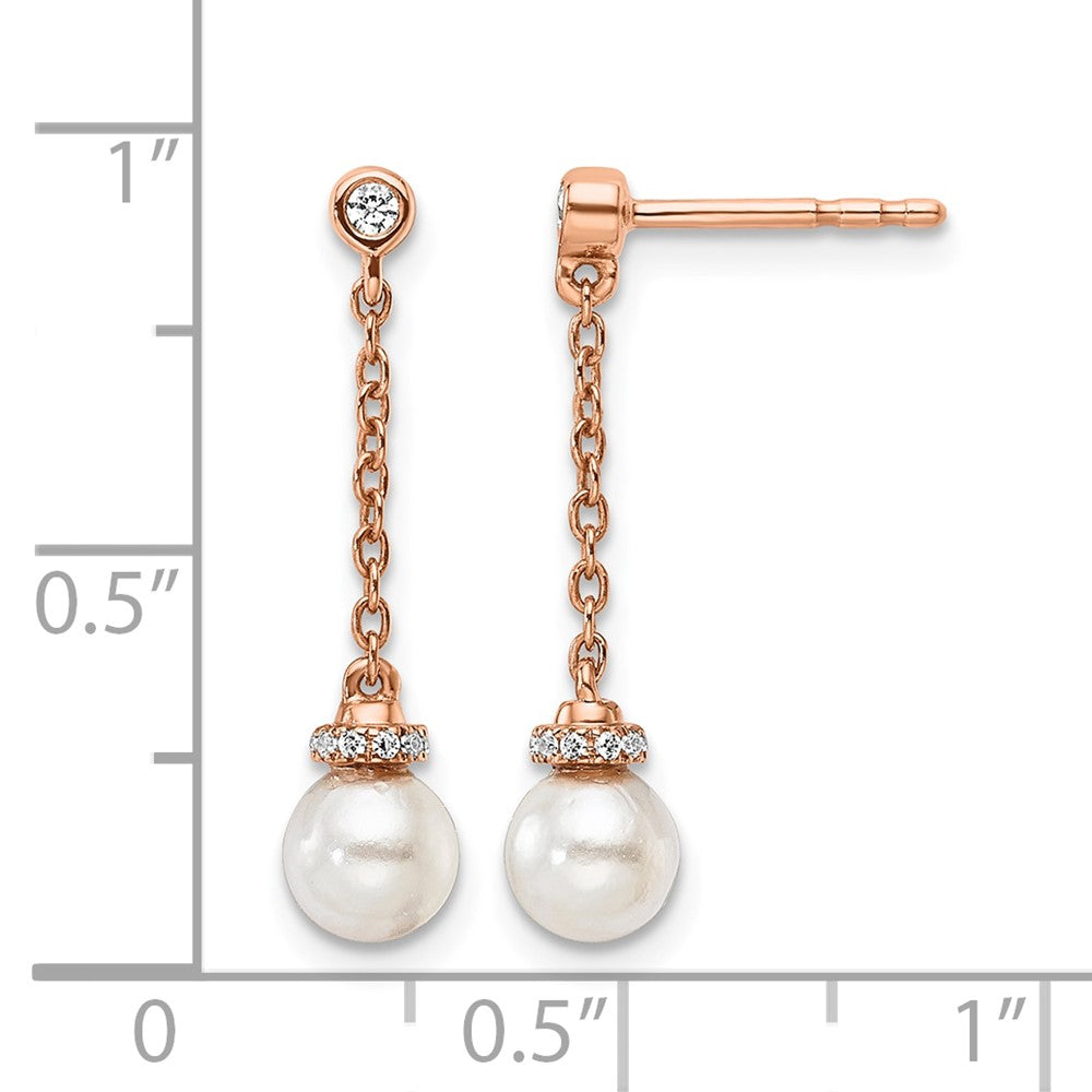14K Rose Gold Polished Diamond and Pearl Chain Dangle Post Earrings