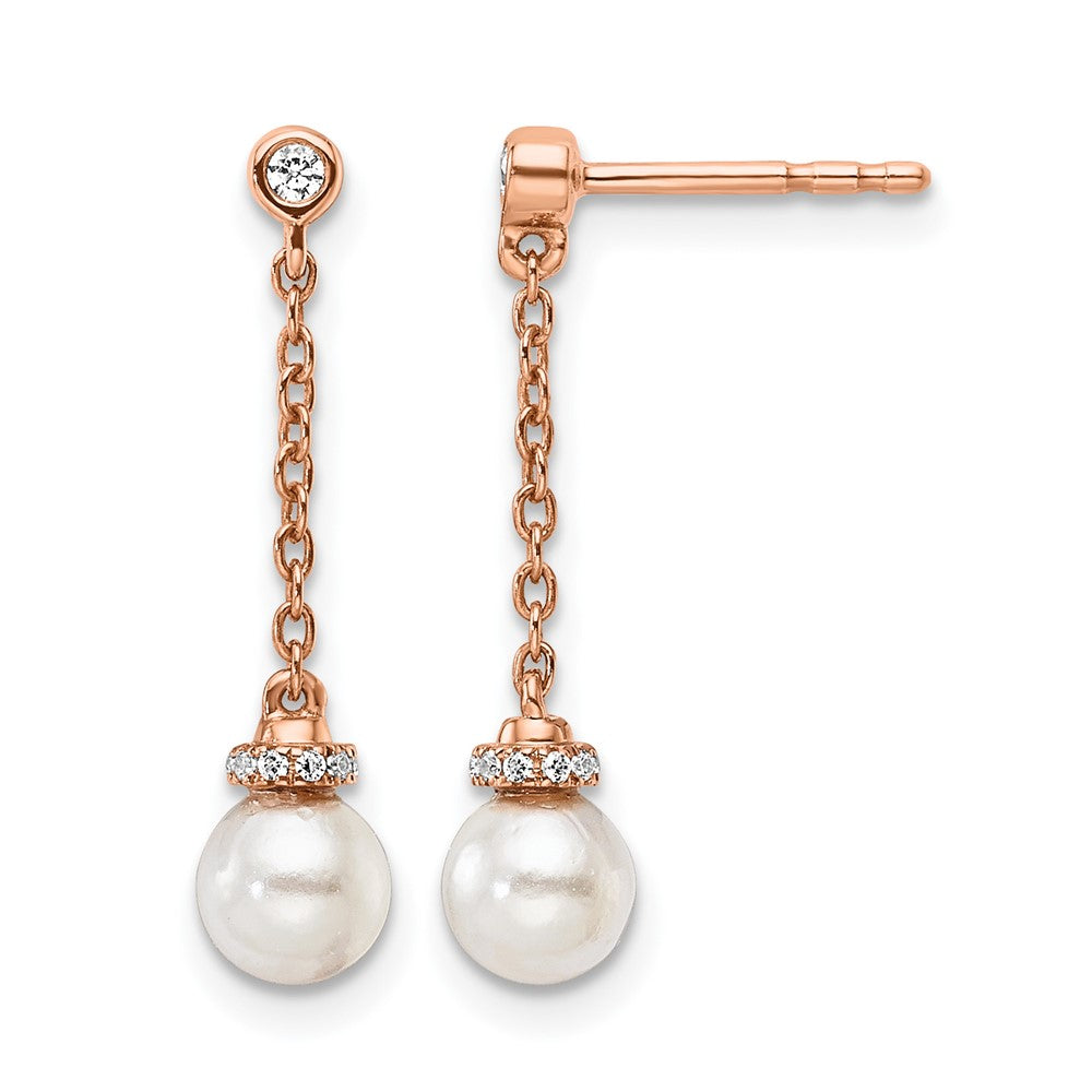 14K Rose Gold Polished Diamond and Pearl Chain Dangle Post Earrings