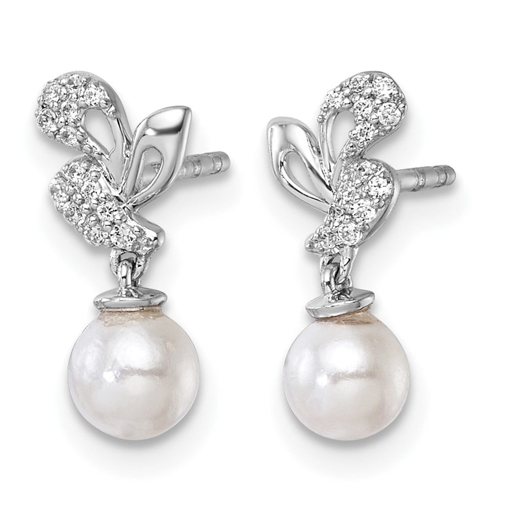 14K White Gold Polished Diamond and Pearl Dangle Post Earrings