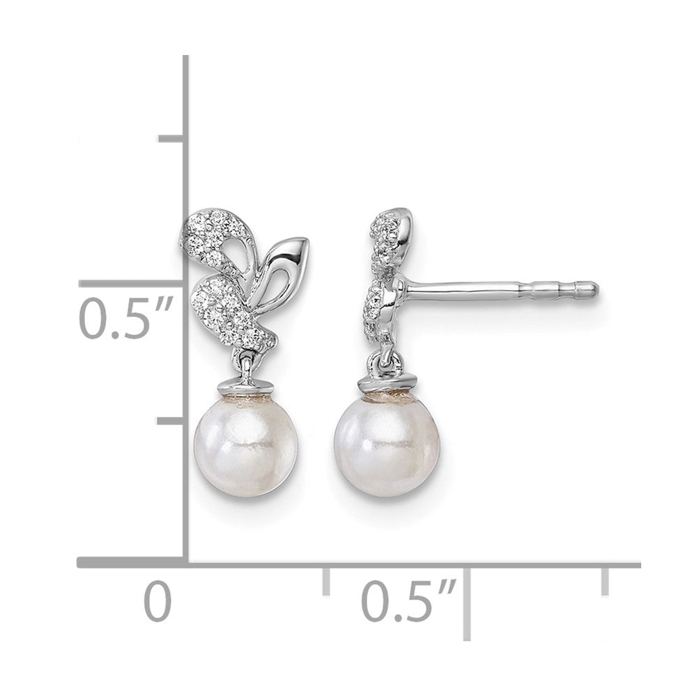 14K White Gold Polished Diamond and Pearl Dangle Post Earrings