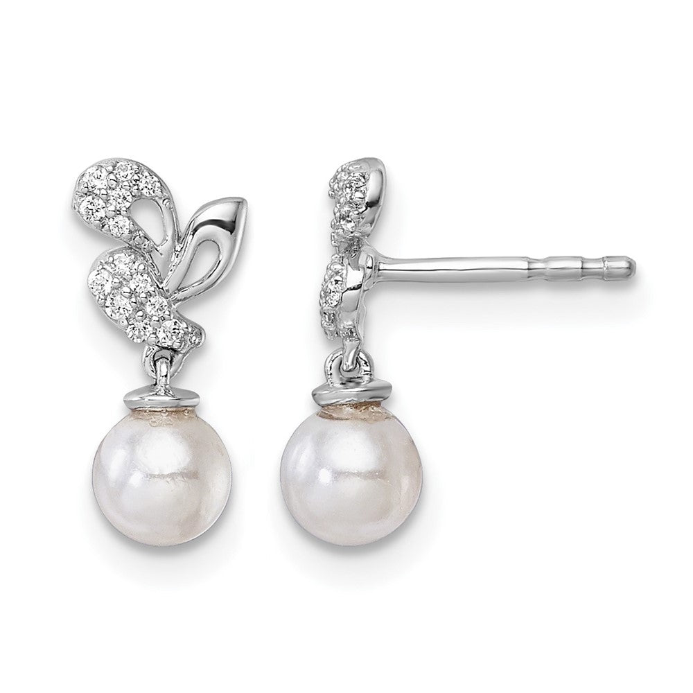 14K White Gold Polished Diamond and Pearl Dangle Post Earrings