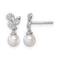 14K White Gold Polished Diamond and Pearl Dangle Post Earrings