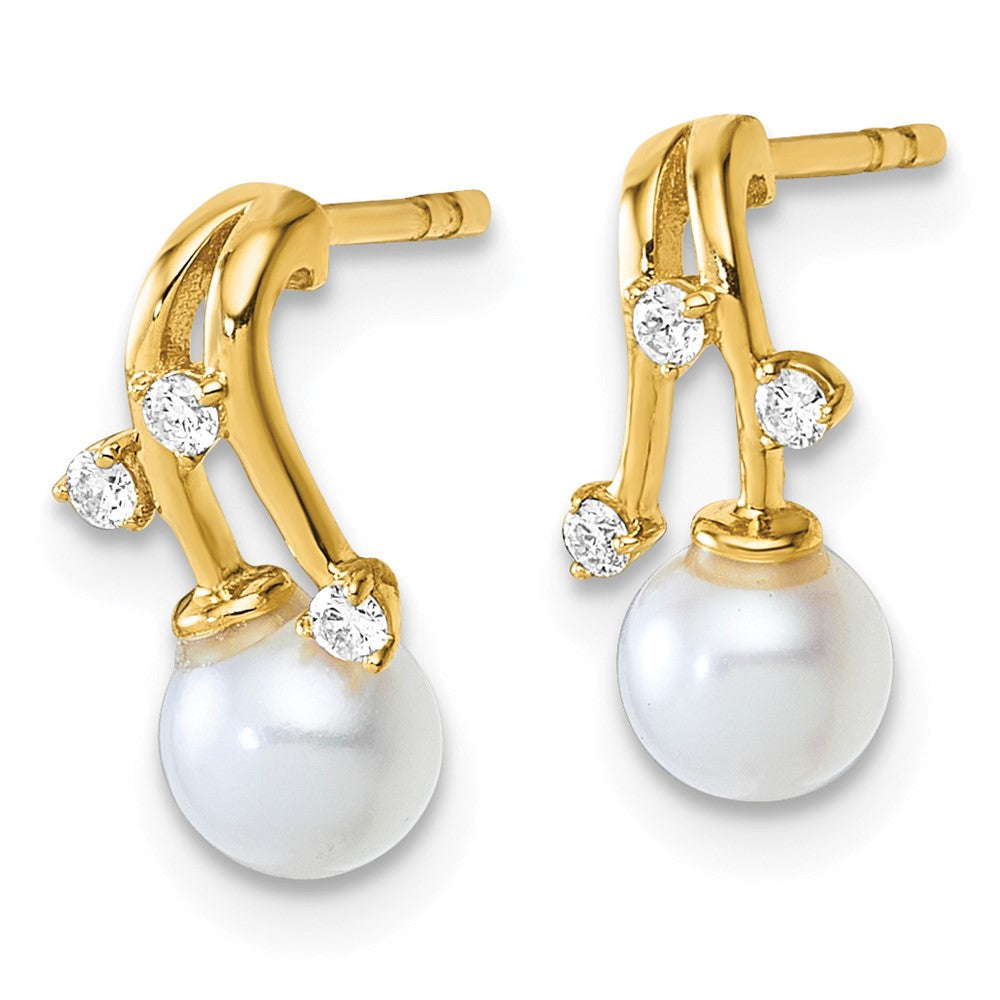 14K Polished Diamond and Pearl Drop Post Earrings