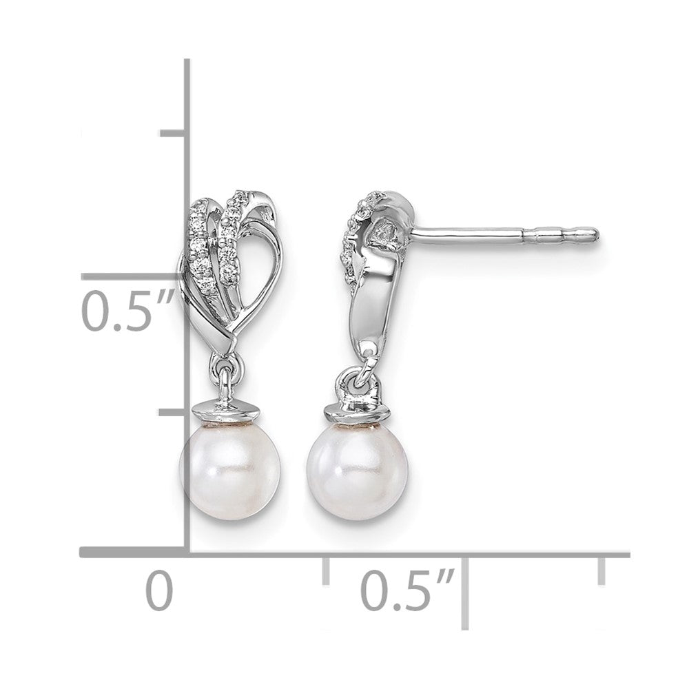 14K White Gold Polished Diamond and Pearl Dangle Post Earrings