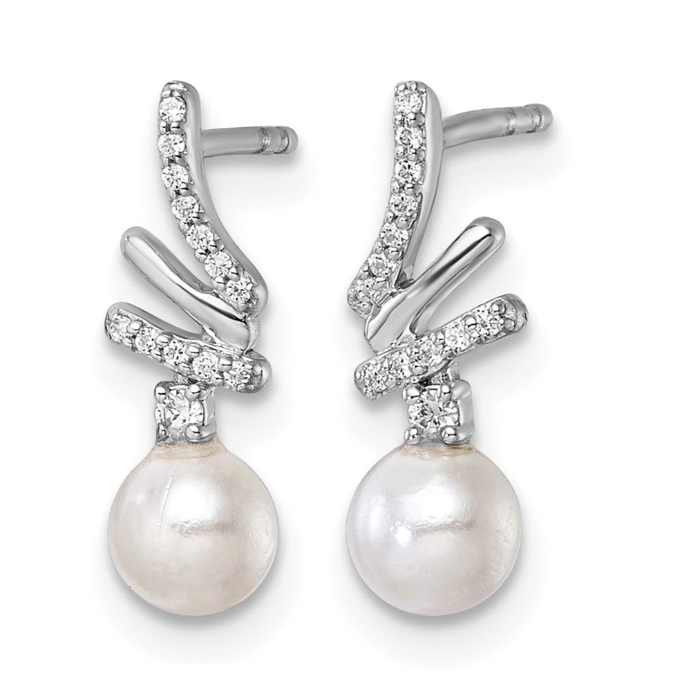 14K White Gold Polished Diamond and Pearl Drop Post Earrings
