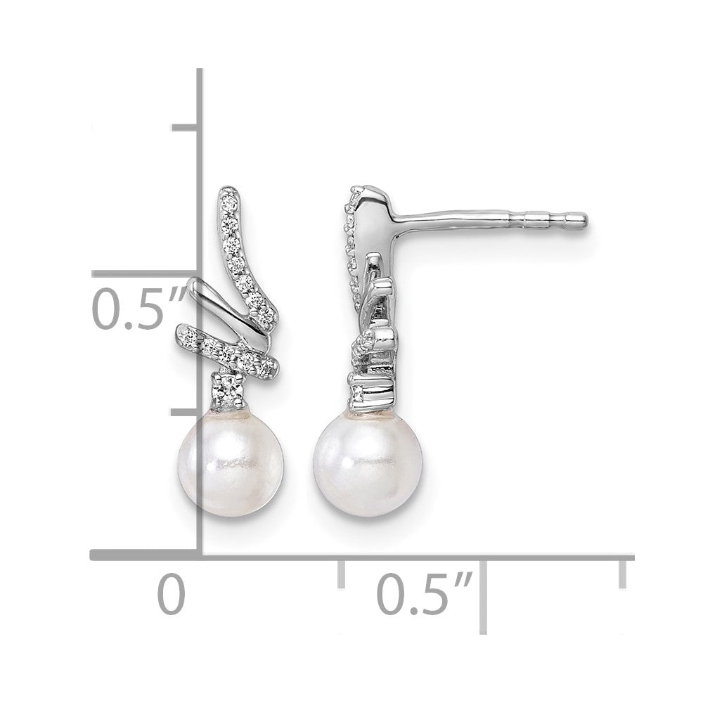 14K White Gold Polished Diamond and Pearl Drop Post Earrings
