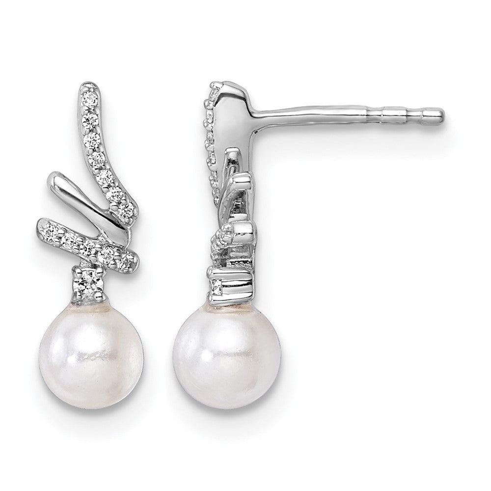 14K White Gold Polished Diamond and Pearl Drop Post Earrings