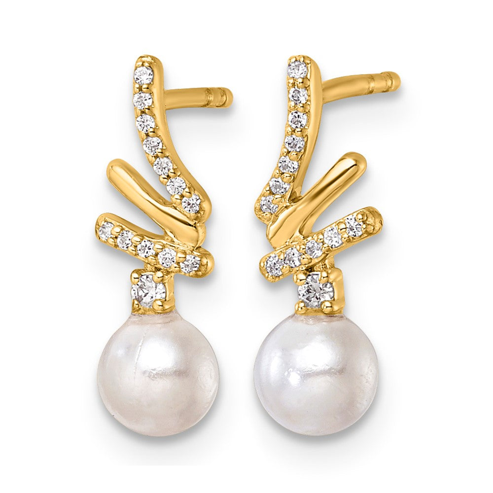 14K Polished Diamond and Pearl Drop Post Earrings