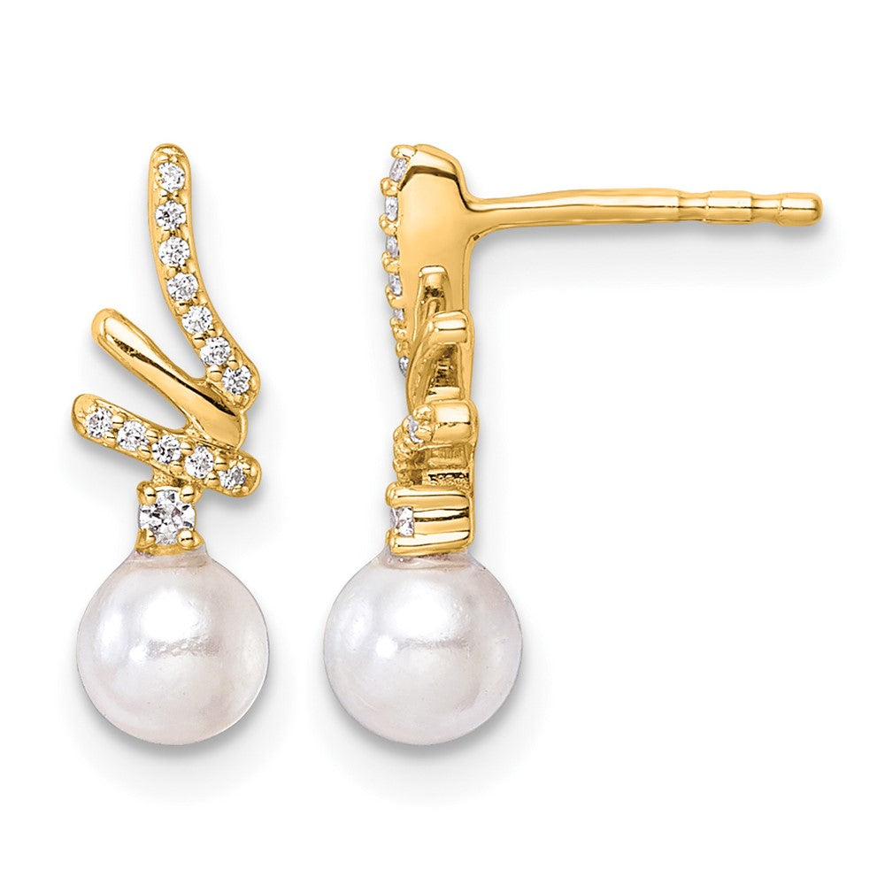 14K Polished Diamond and Pearl Drop Post Earrings