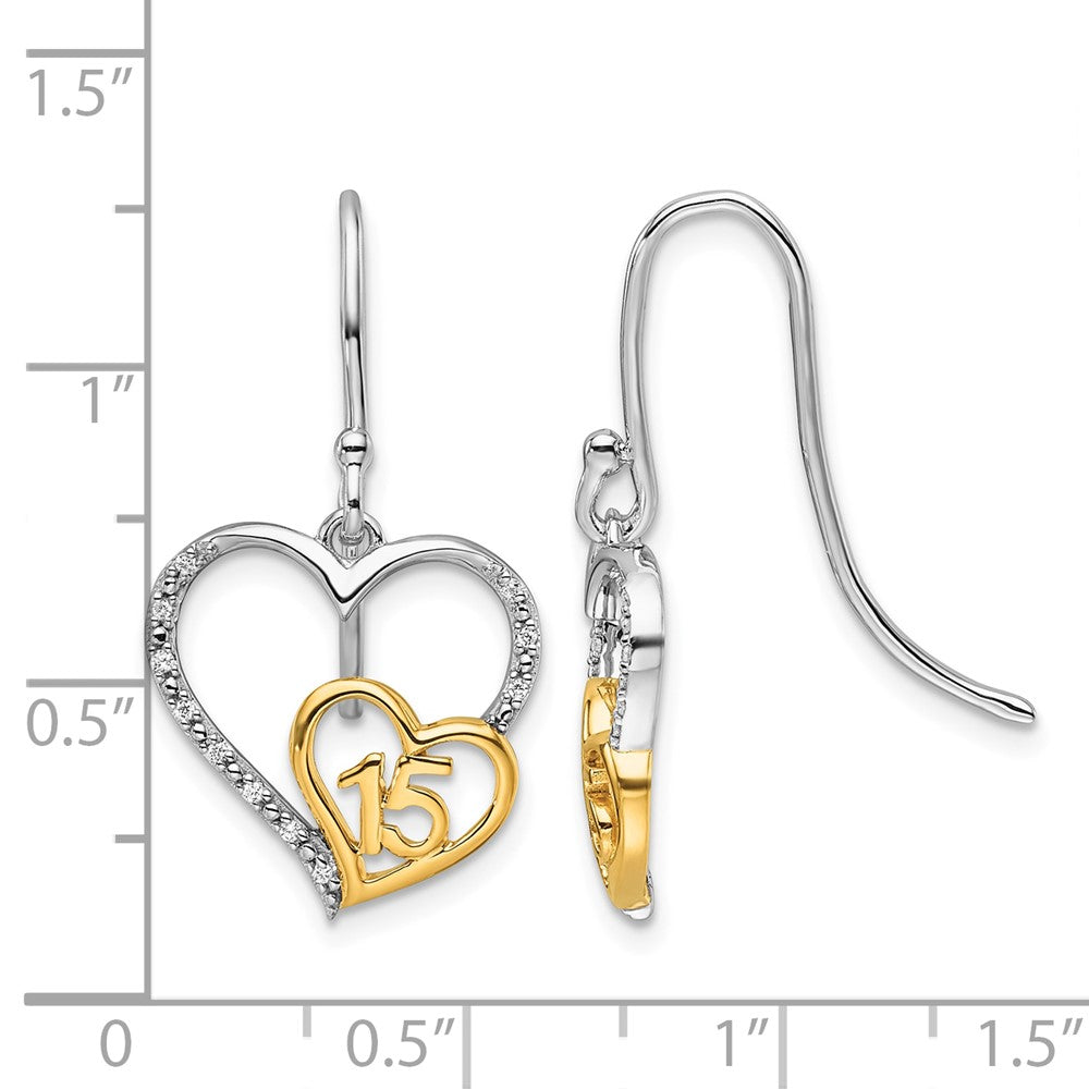 14K Two-tone Polished Diamond Quinceanera Heart Dangle Earrings