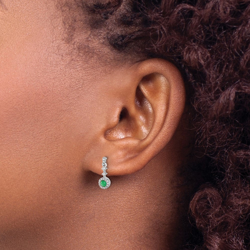 14k White Gold Diamond and Cabochon Emerald Earrings