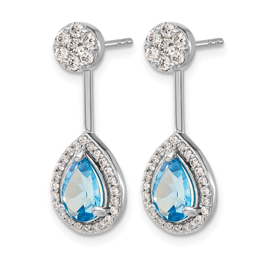 14k White Gold Diamond/Pear Blue Topaz Front/Back Earrings