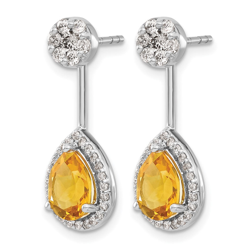 14k White Gold Diamond/Pear Citrine Front/Back Earrings