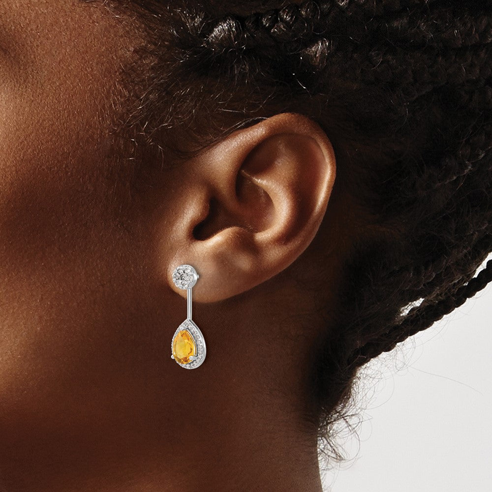 14k White Gold Diamond/Pear Citrine Front/Back Earrings