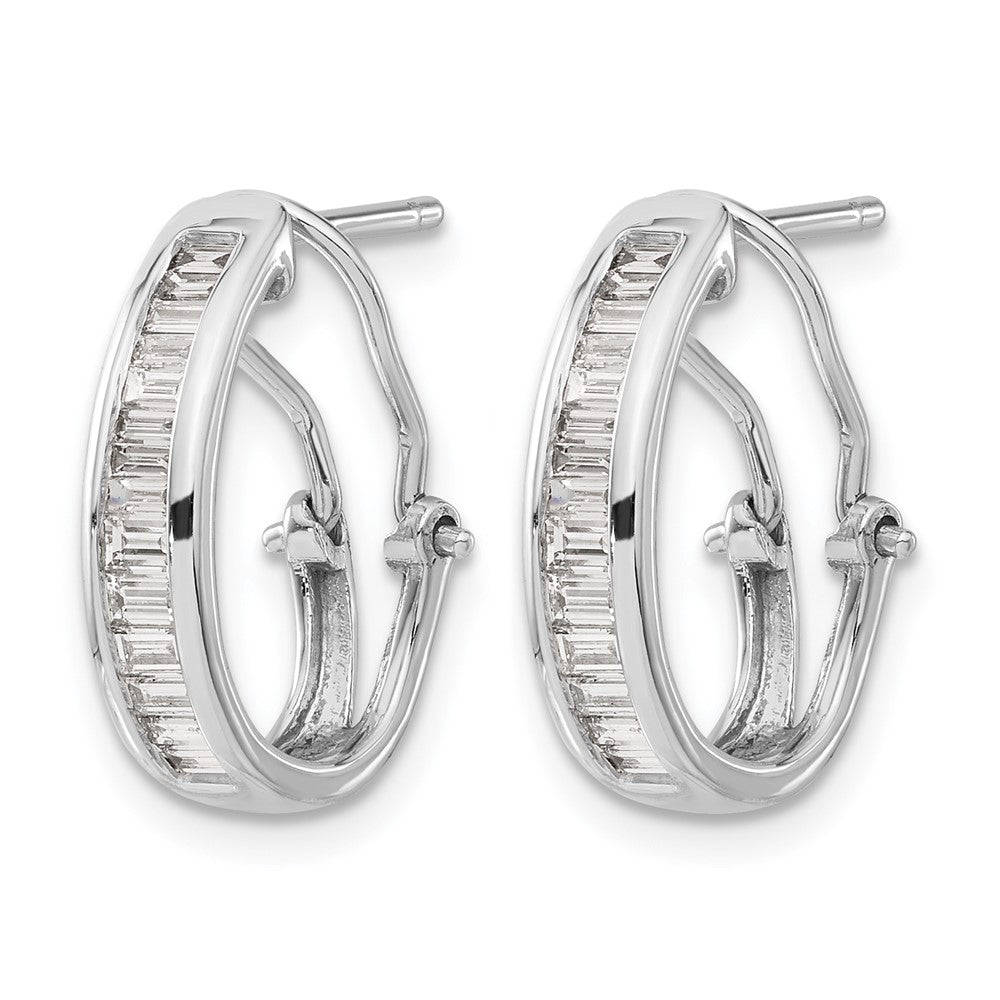 14k White Gold Baguette Diamond Omega Back Hoop Earrings