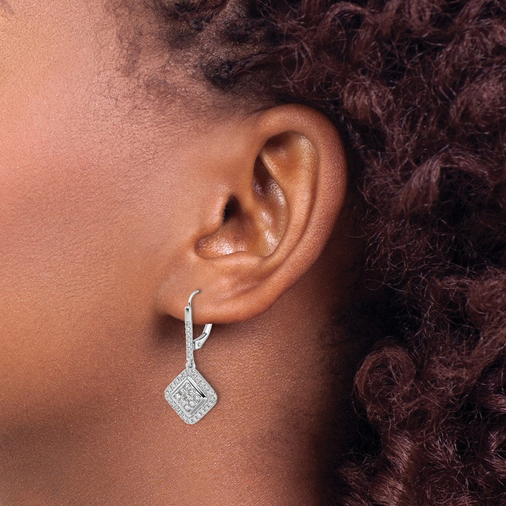 14k White Gold Diamond Cluster Leverback Earrings