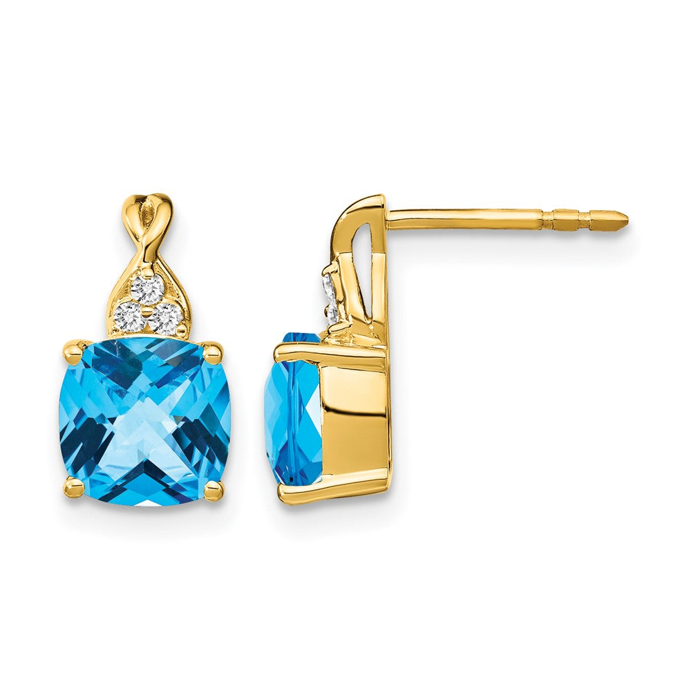 10k Checkerboard Blue Topaz and Diamond Earrings