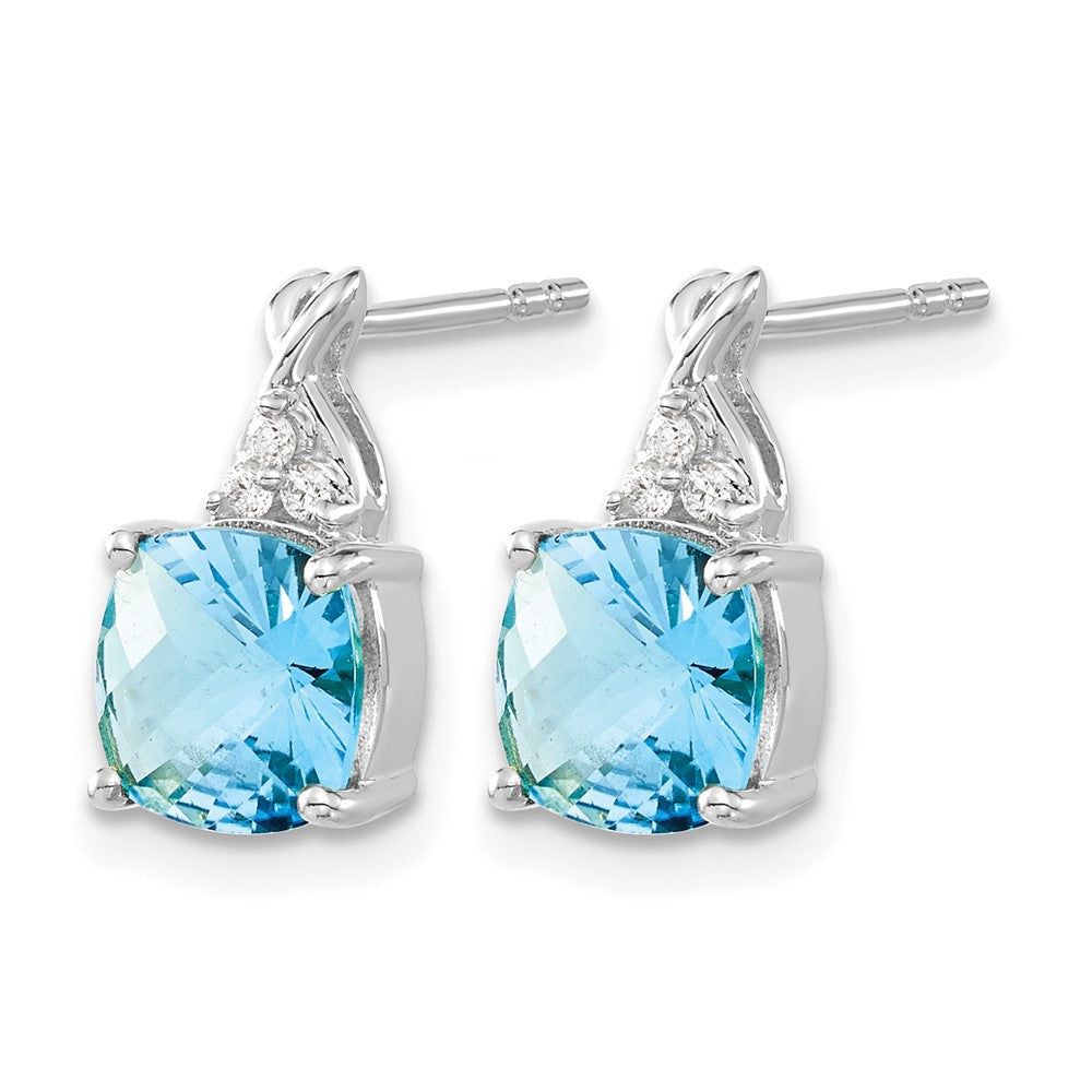 14K White Gold Checkerboard Blue Topaz and Diamond Earrings