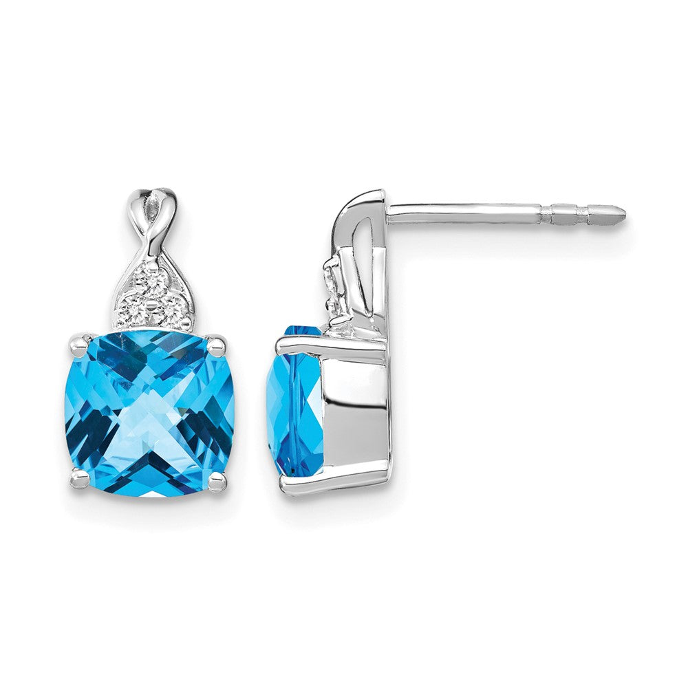 14K White Gold Checkerboard Blue Topaz and Diamond Earrings