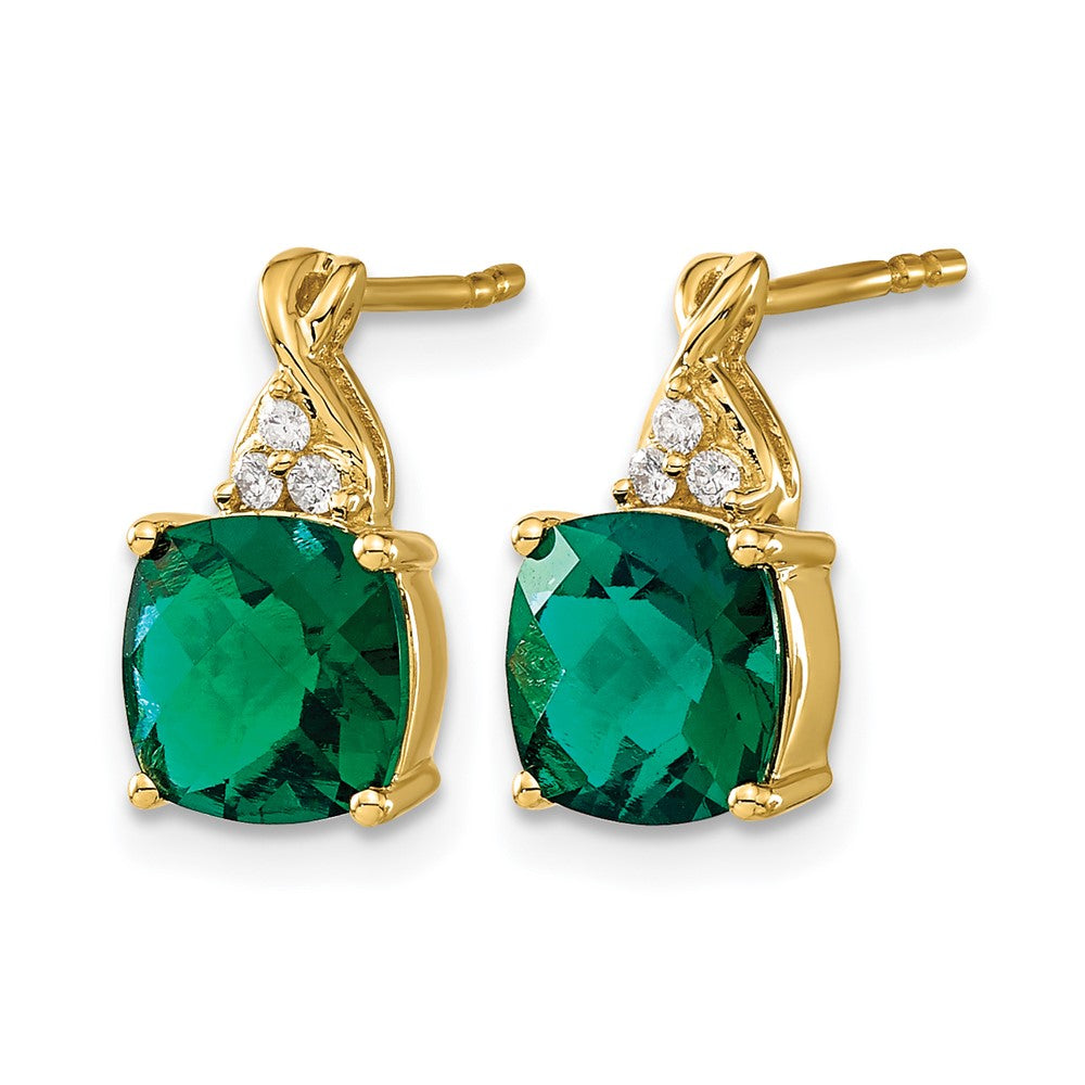 10k Checkerboard Created Emerald and Diamond Earrings