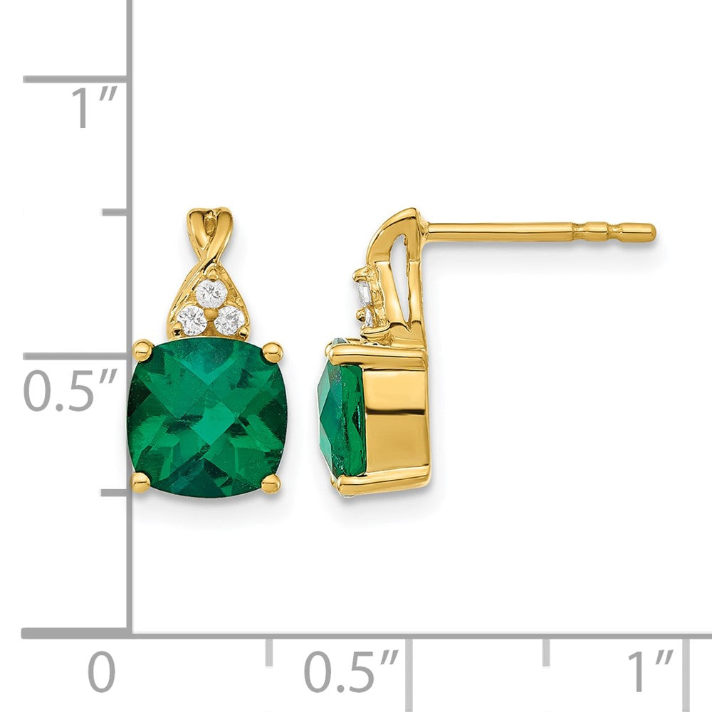10k Checkerboard Created Emerald and Diamond Earrings