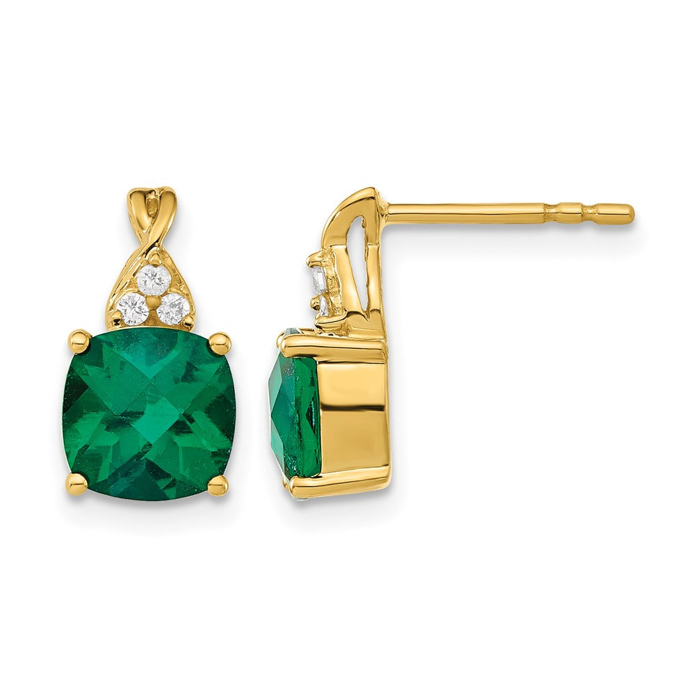 10k Checkerboard Created Emerald and Diamond Earrings