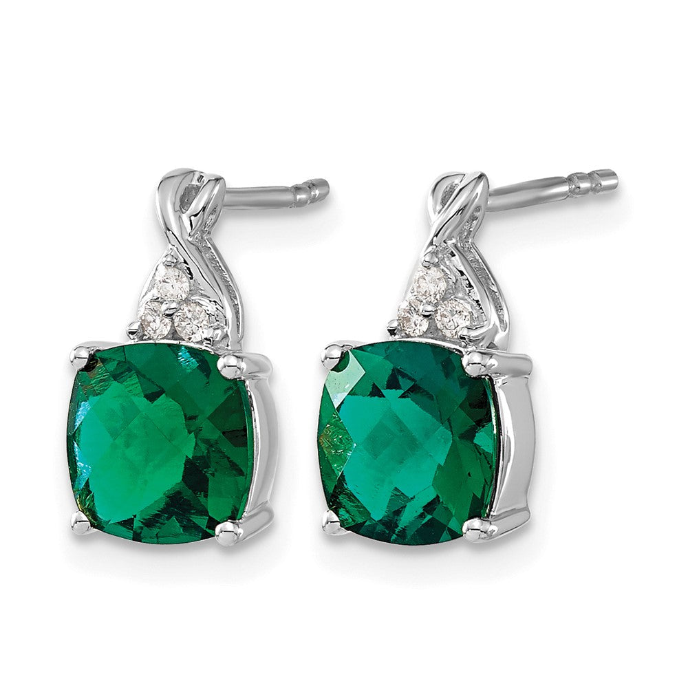 14K White Gold Checkerboard Created Emerald and Diamond Earrings