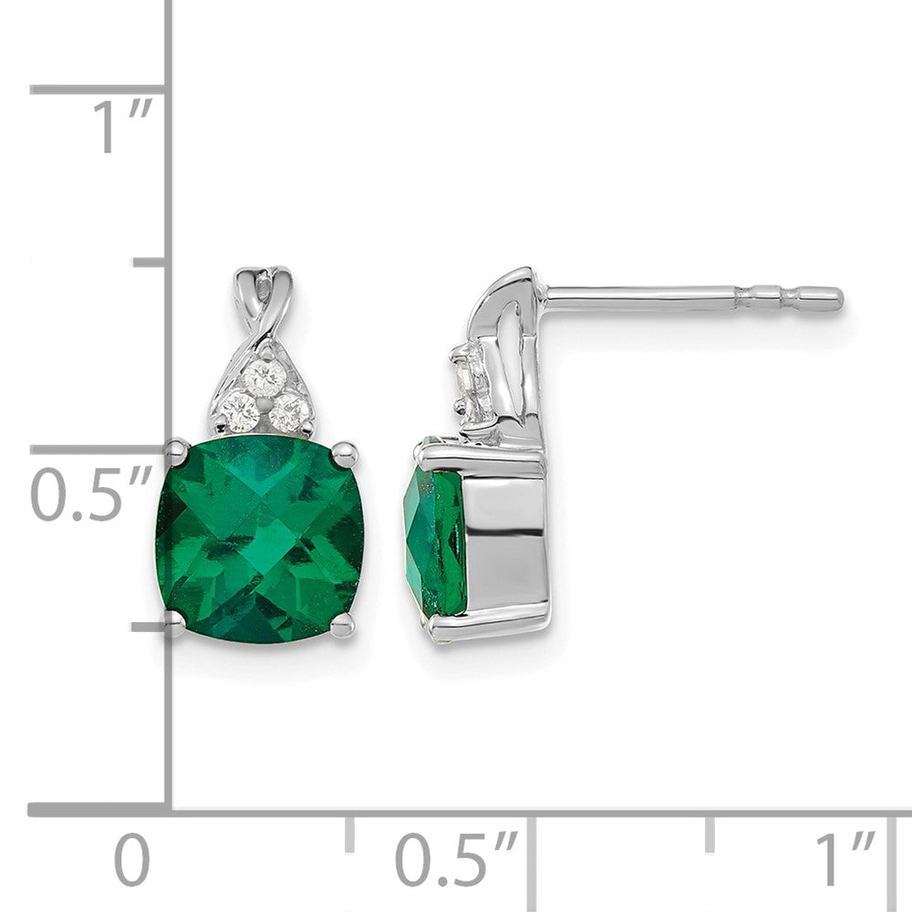 14K White Gold Checkerboard Created Emerald and Diamond Earrings