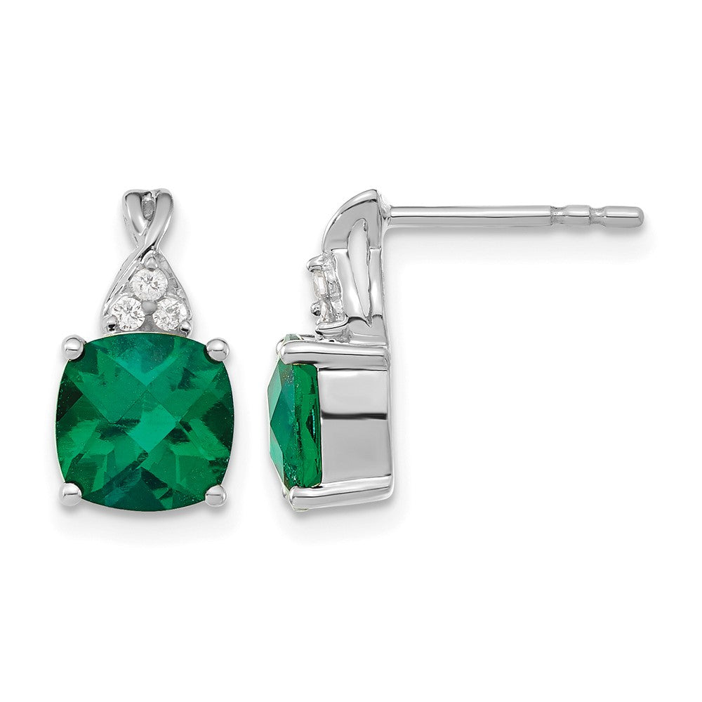 14K White Gold Checkerboard Created Emerald and Diamond Earrings
