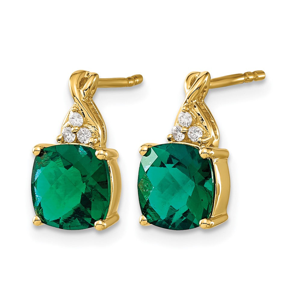 14k Checkerboard Created Emerald and Diamond Earrings