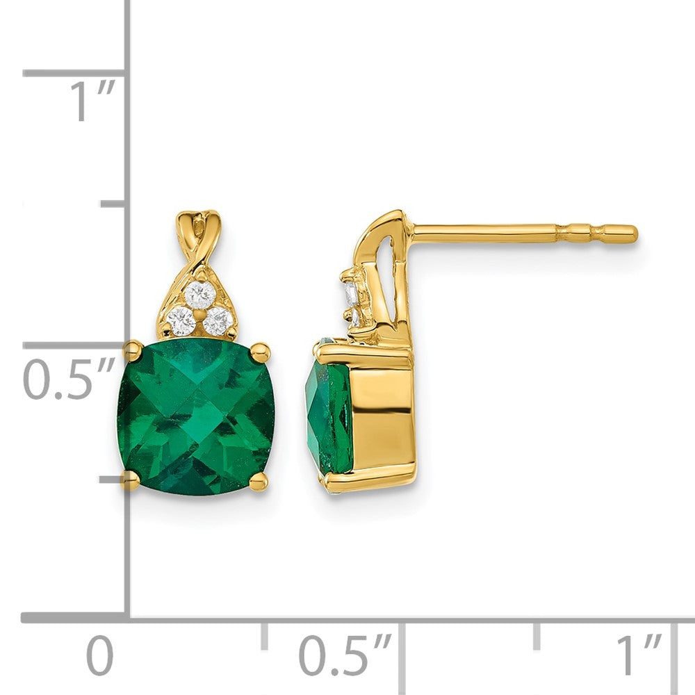 14k Checkerboard Created Emerald and Diamond Earrings