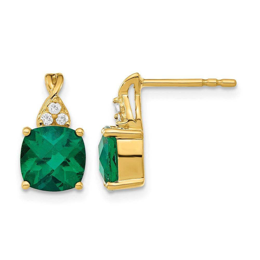 14k Checkerboard Created Emerald and Diamond Earrings