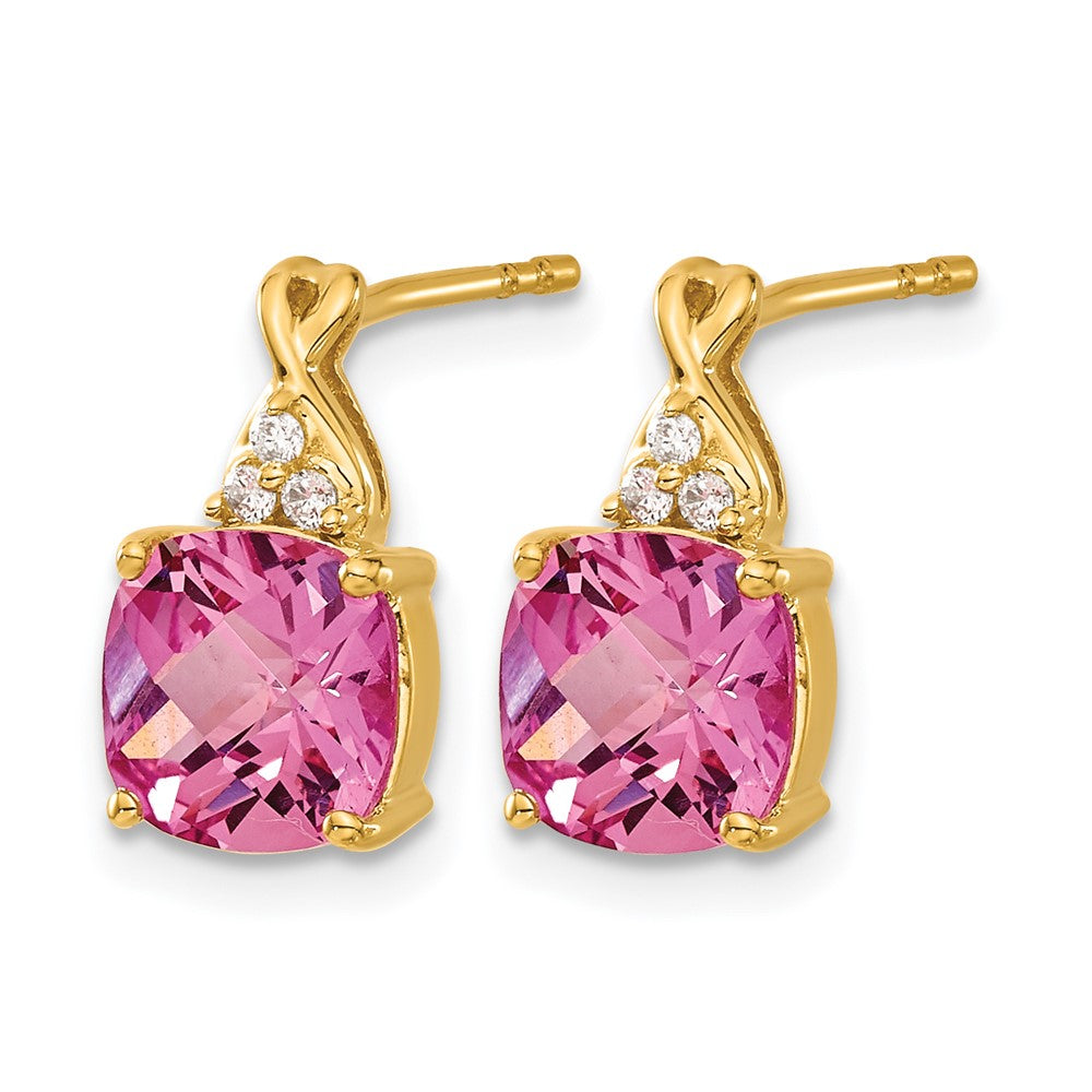 10k Checkerboard Created Pink Sapphire and Diamond Earrings