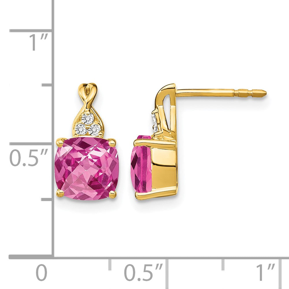 10k Checkerboard Created Pink Sapphire and Diamond Earrings