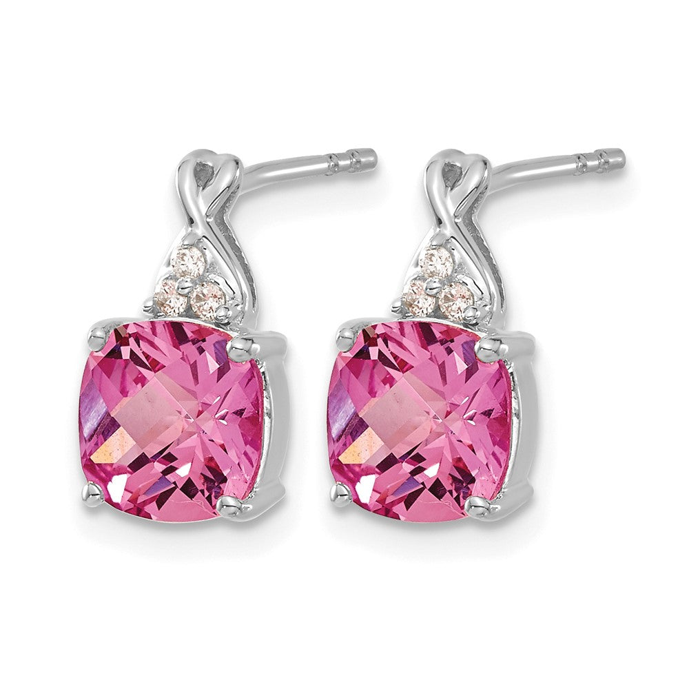 14K White Gold Checkerboard Created Pink Sapphire and Diamond Earrings